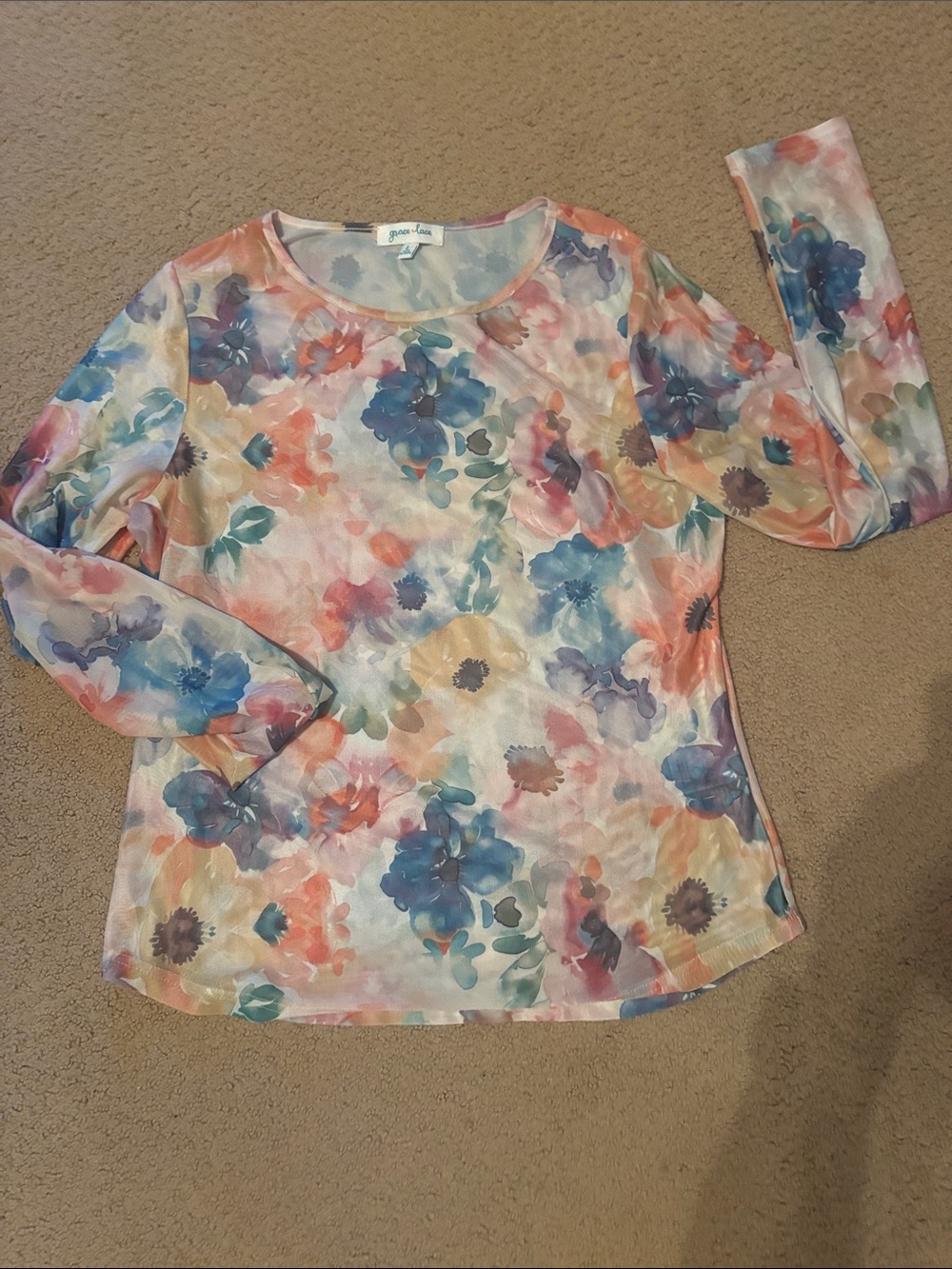 Grace & Lace Floral Long-Sleeve Scoop Neck Top - Pastel Multi NWOT L
